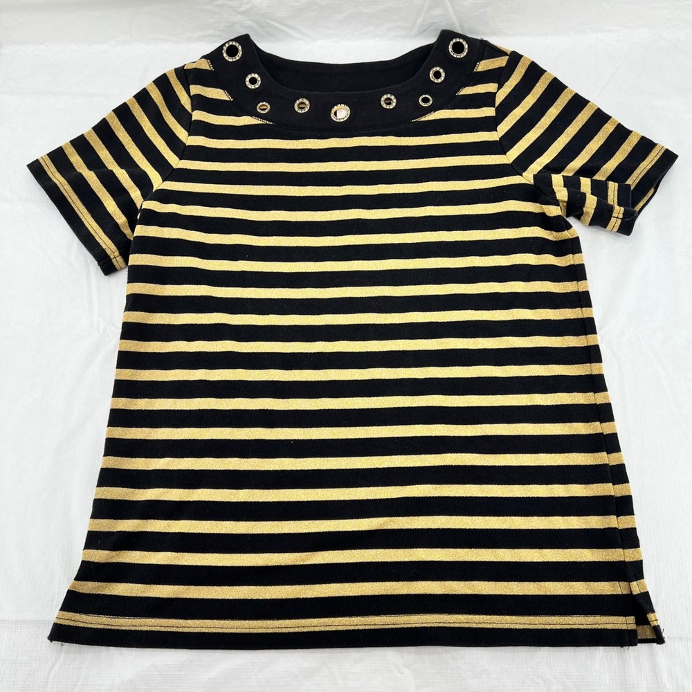 Quacker Factory Womens Small‎ Black Gold Metallic Striped Rhinestone Grommet Top